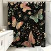 1Pc Butterfly Print Shower Curtain - Polyester, Vibrant Butterfly & Floral Design, Black Background, Modern Decor