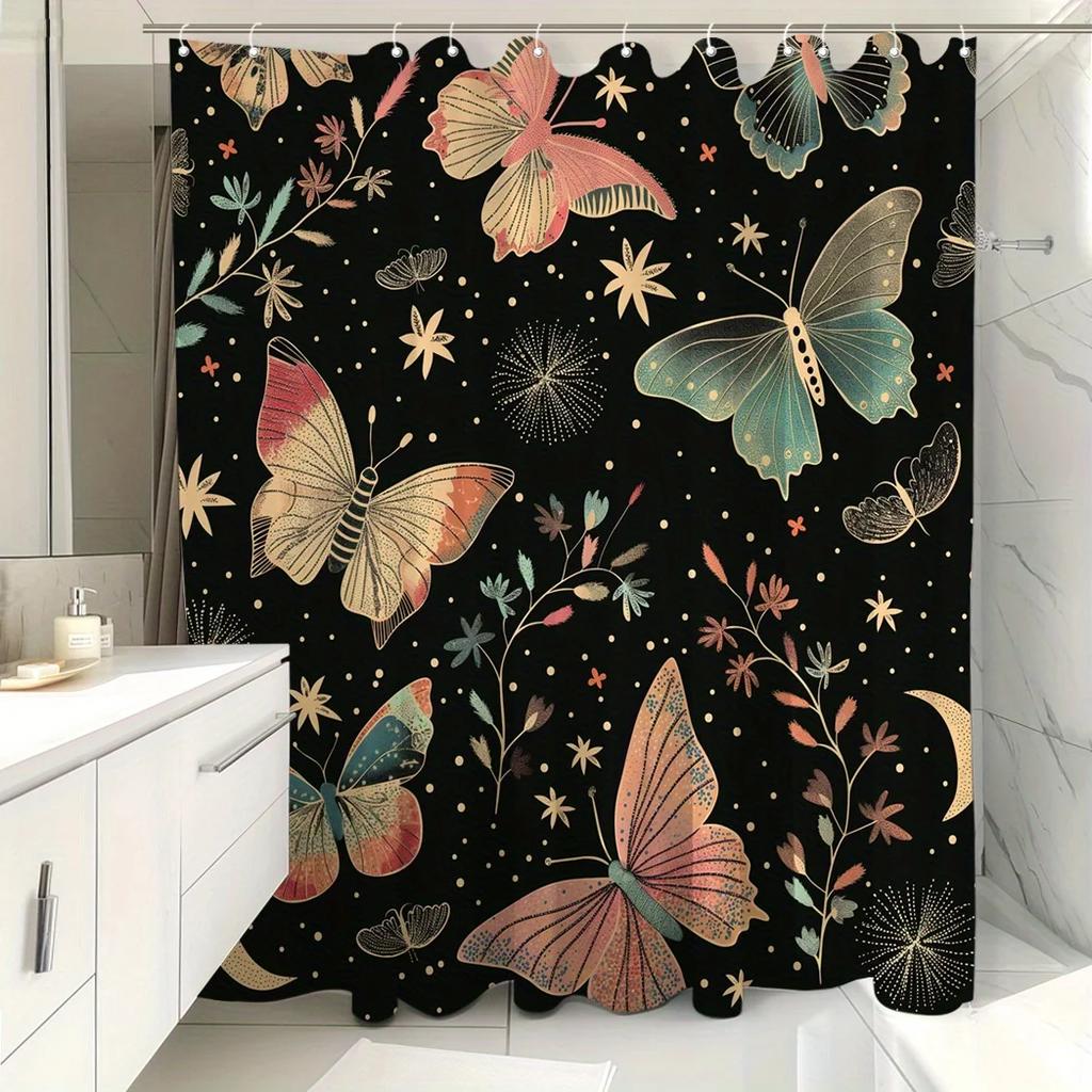 1Pc Butterfly Print Shower Curtain - Polyester, Vibrant Butterfly & Floral Design, Black Background, Modern Decor