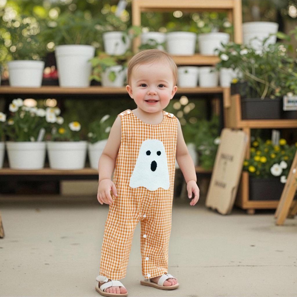 Infant Summer Halloween Ghost/Pumpkin Embroidered Sleeveless Romper