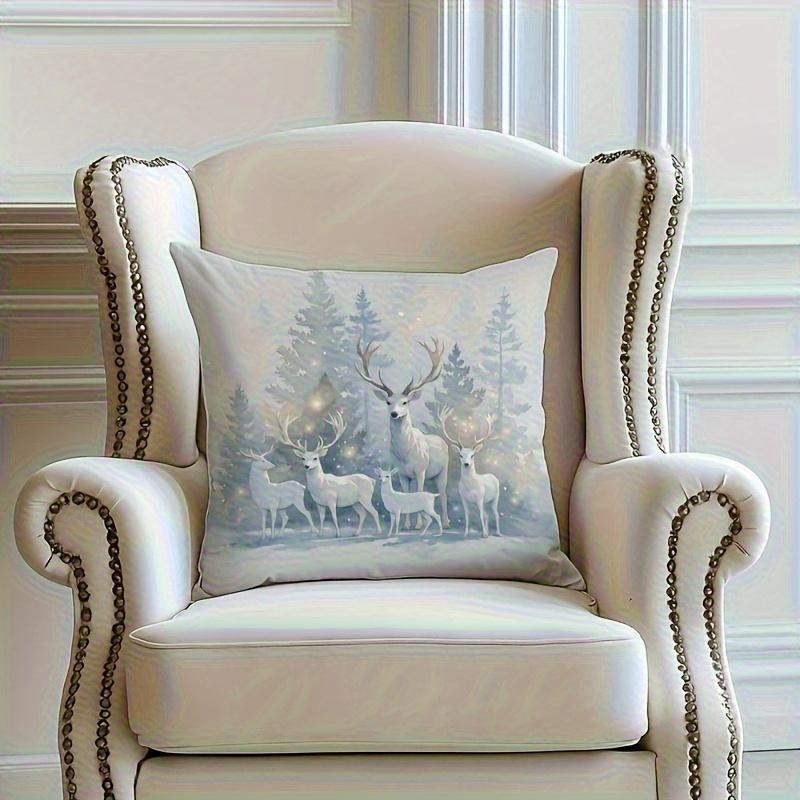 Winter-Patterned Deer-Print Pillowcase, Made Of Polyester, Machine Washable, Suitable For Bedroom And Living Room Decoration.