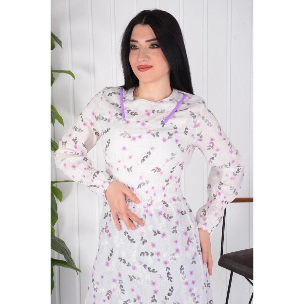 Long Hijab Elastic Waist And Embroidered Dress / Blue Flower Embroidery (brode) Slim Fit Buy A Larger Size