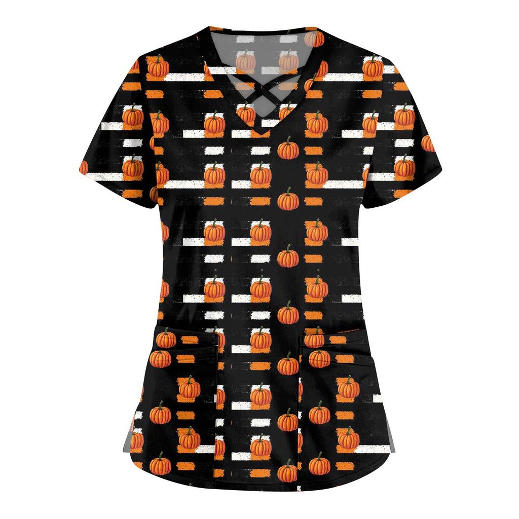 Women's Fashion  V-Neck Short Sleeve Overalls Double Pocket Halloween Printed Tops  Apparel