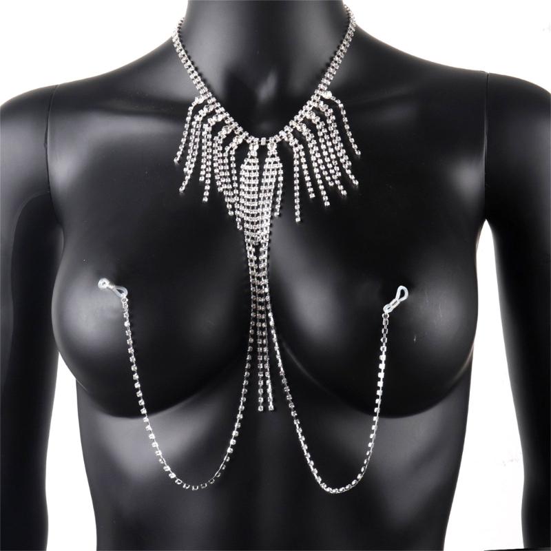 Crystal Rhinestones Fringe Body Chain Necklace Stylish Bra Chain Fashion Neck Jewelry Piece For Evening Event