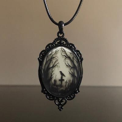 Gothic Crow Cross Glass Pendant Necklace, Popular New Jewelry In Europe and America