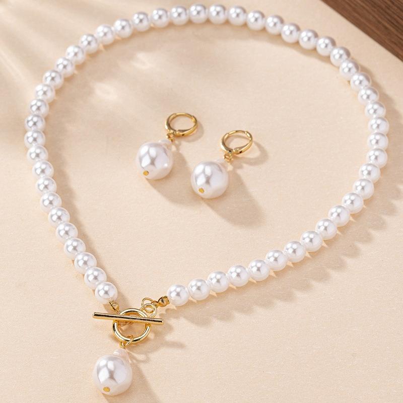 Women Bridal Jewelry Necklace Set 1Set Beaded Faux Pearls with Stud Earrings