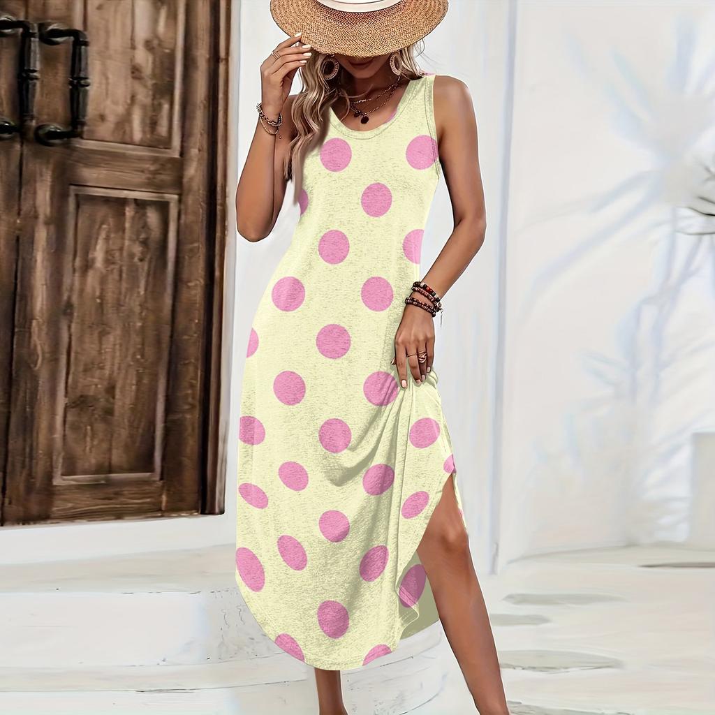 Maxi Abito Casual da Donna a Pois Senza Maniche con Vestibilità Larga per l'Estate