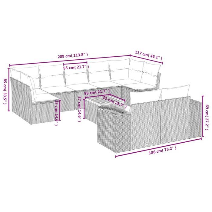 VidaXL Salon de Jardin avec Coussins 10 pcs, Canapés de Terrasse, Ensemble de Meubles de Patio, Mobilier d'Extérieur, Gris 3257929