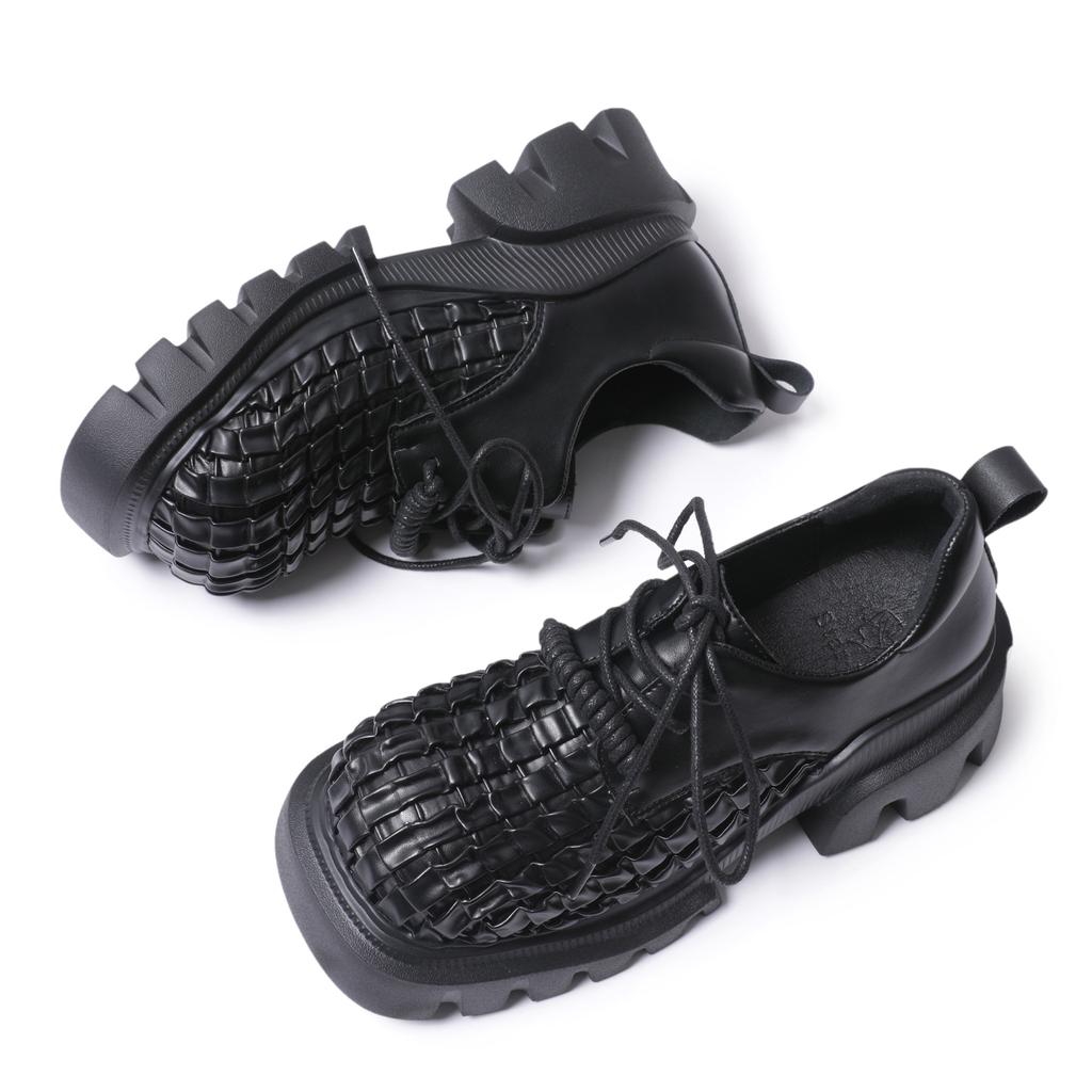 Fashion 2024 Spring Autumn New weave British Style Heightening Effect Leather Shoes For Women Solid Black Business Causal Dress Fashion