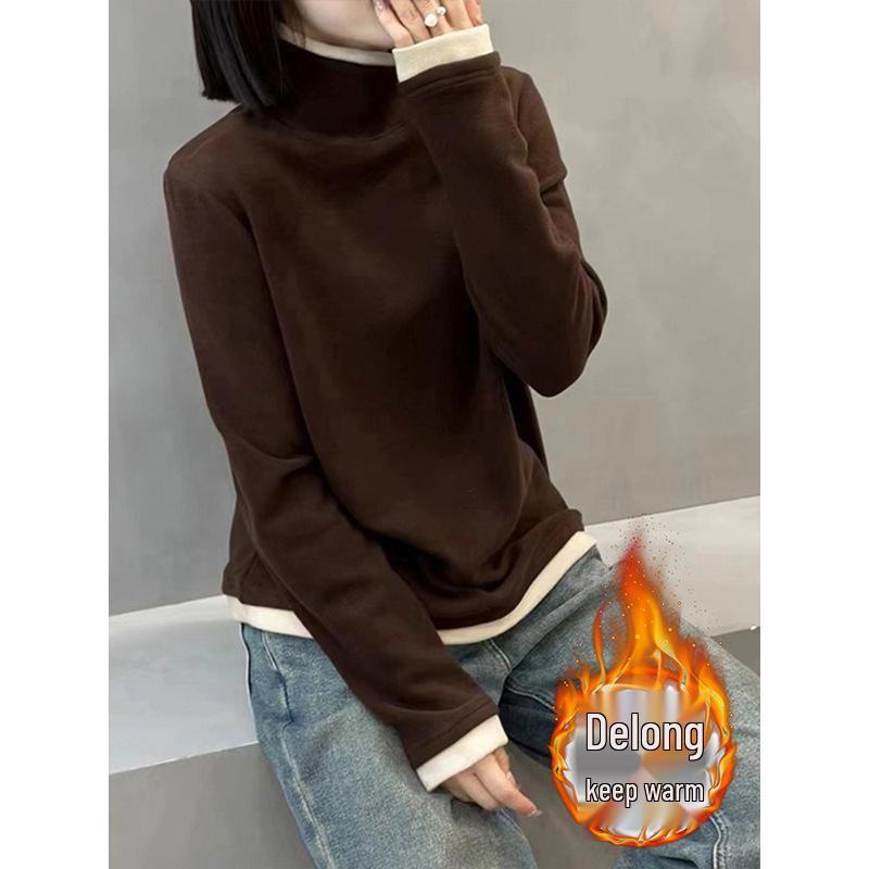 Autumn/Winter Color Block Women's High-Neck Velvet Long Sleeve Slimming Shirt