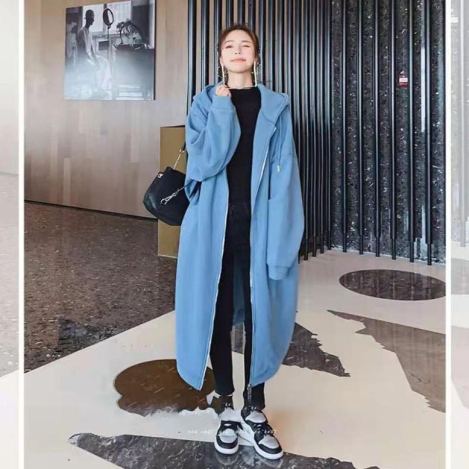 Casual Long Hooded Sweatshirt for Women Autumn Winter Fleece Thicken Loose Long Sleeve Zipper Hooded Cardigan Coats Oversized