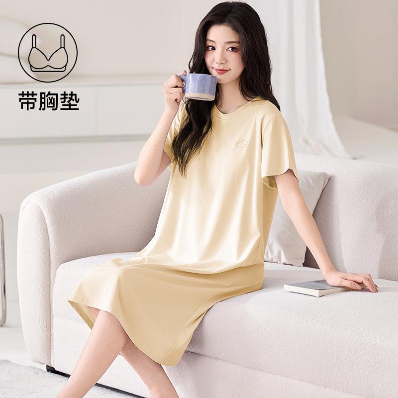 nightgown with chest pad women's summer pure cotton short-sleeved medium and long dress simple solid color summer can wear loungewear