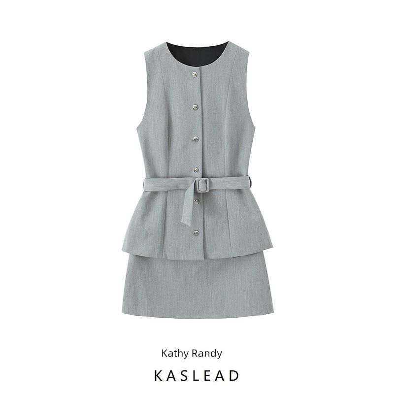 Kaslead New Women Clothes Western Style Two-piece Set Effect Crepe Short Dress 8831543