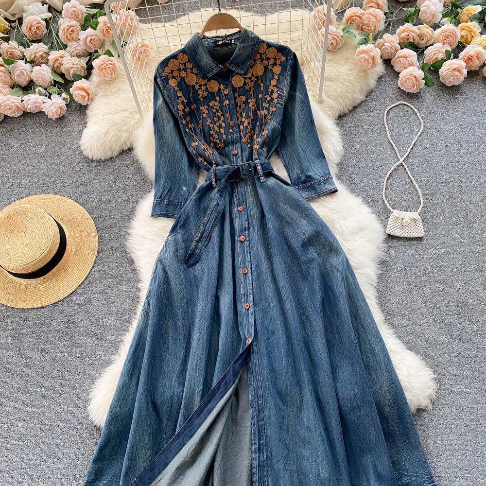 Hong Kong Style Retro Embroidered Denim Dress for Women