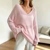 Womens Knit Sweater Fall Lazy Sheer Thin V-Neck Flared Sleeve Pullover Top