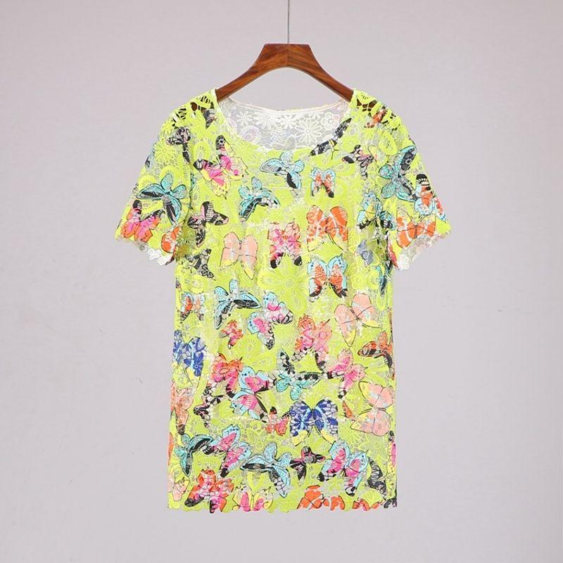 

[Би] Модный Классический Бренд Скидка Этикетка Отрез Женская Одежда Летний Принт Вырез Короткий Рукав Кружевные Топы 0z104 Color M/160