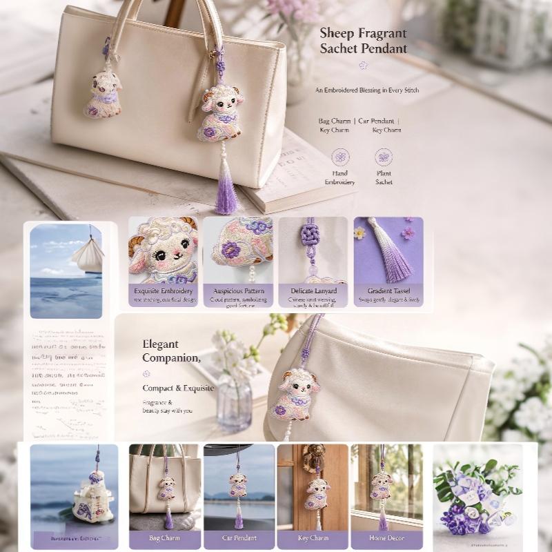 Embroidered Sheep Sachet Pendant Delicate Floral Design Gradient Tassel For Car Bag Decoration Spring Festival Gifts