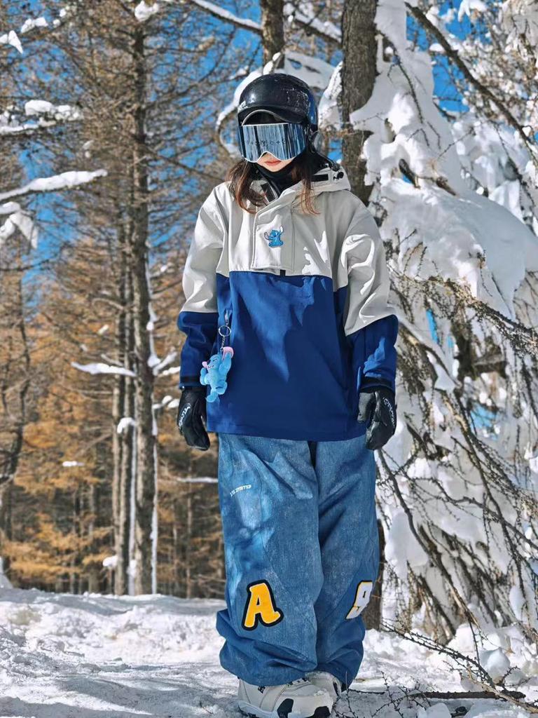 Ice Degree Unisex Color Block Wasserdichte Skijacke mit Kapuze und Plüschfutter für Outdoor Single/Double Boarding