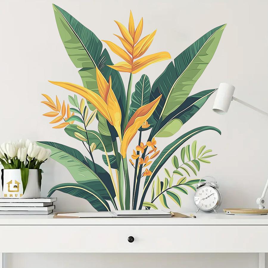 Tropical Jungle Green Plants Wall Stickers, Self-Adhesive Fresh Decor for Living Room Study Room Rental Apartment Decoration