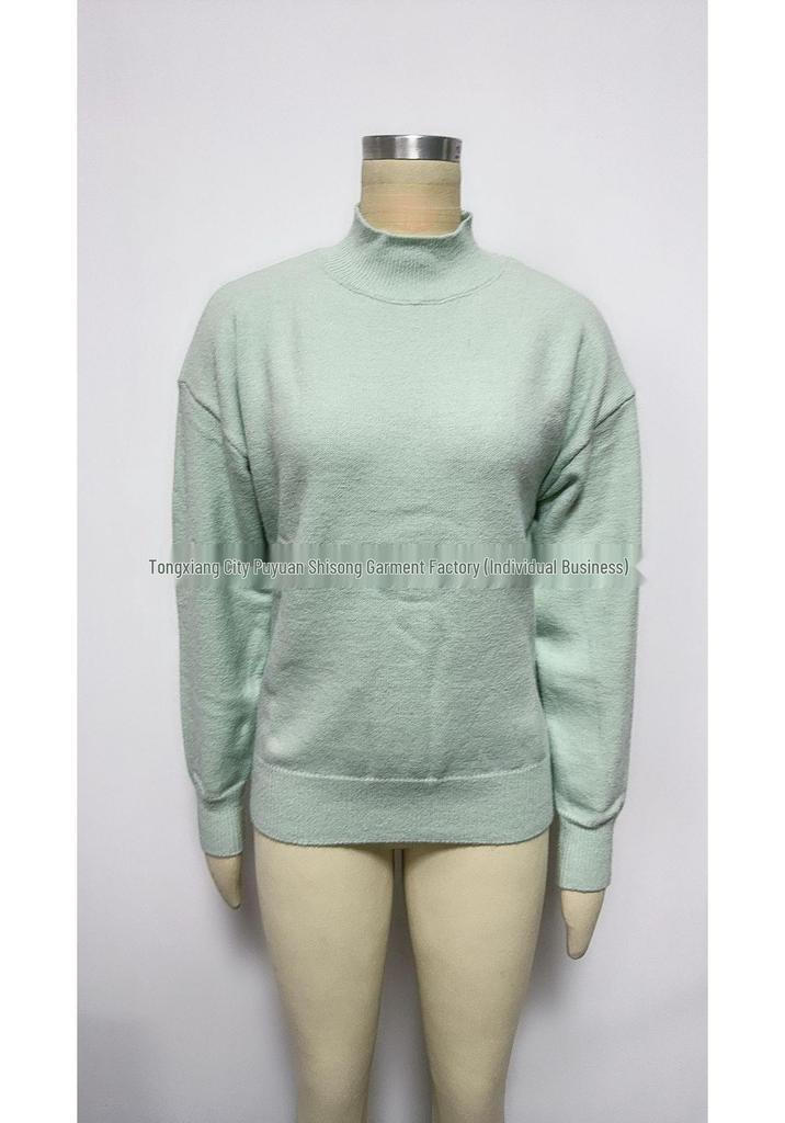 Women's Solid Color Loose Knit Sweater - Half-High Neck, Long Sleeve, Autumn/Winter Fashion.