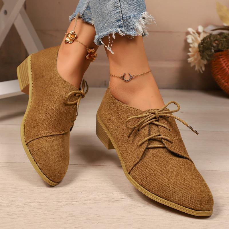 New Women's Single Shoes with Heels Pointed Toe Square Heel Lace-up Shallow Shoes Outdoor Leisure Retro Plus-size Women's Shoes