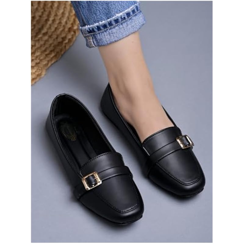Shoetopai Women'S Black Classic Loafer Belly Shoes With Buckle Detail Comfortable Slip-On Flats For Office & Daily Eu37
