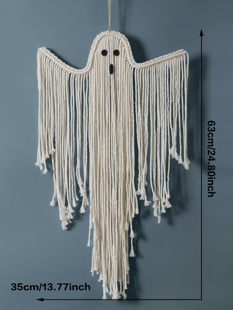 White Macrame Halloween Ghost Wall Hanging Tapestry, Hand-Woven Tassels Tapestries for Home, Bedroom Living Room Wall Decor Gift