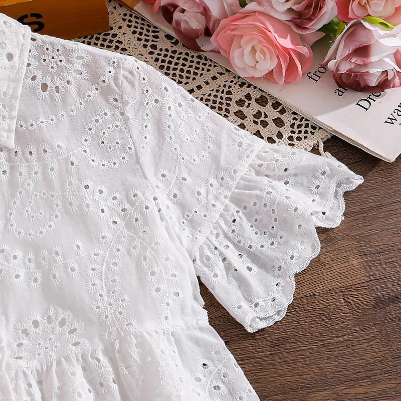 Girls' Fashionable Dress - Summer Children's Elegant Embroidered Lace Open-front Short-sleeved Shirt Dress