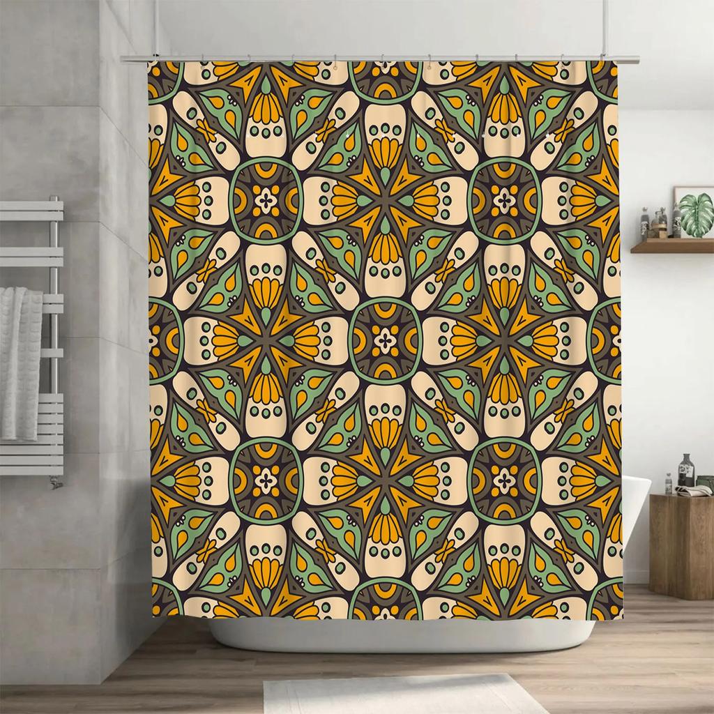 Vintage Boho Floral Shower Curtain DecorBlack Yellow Green White Pattern Waterproof Fabric Modern Bathroom Accessories