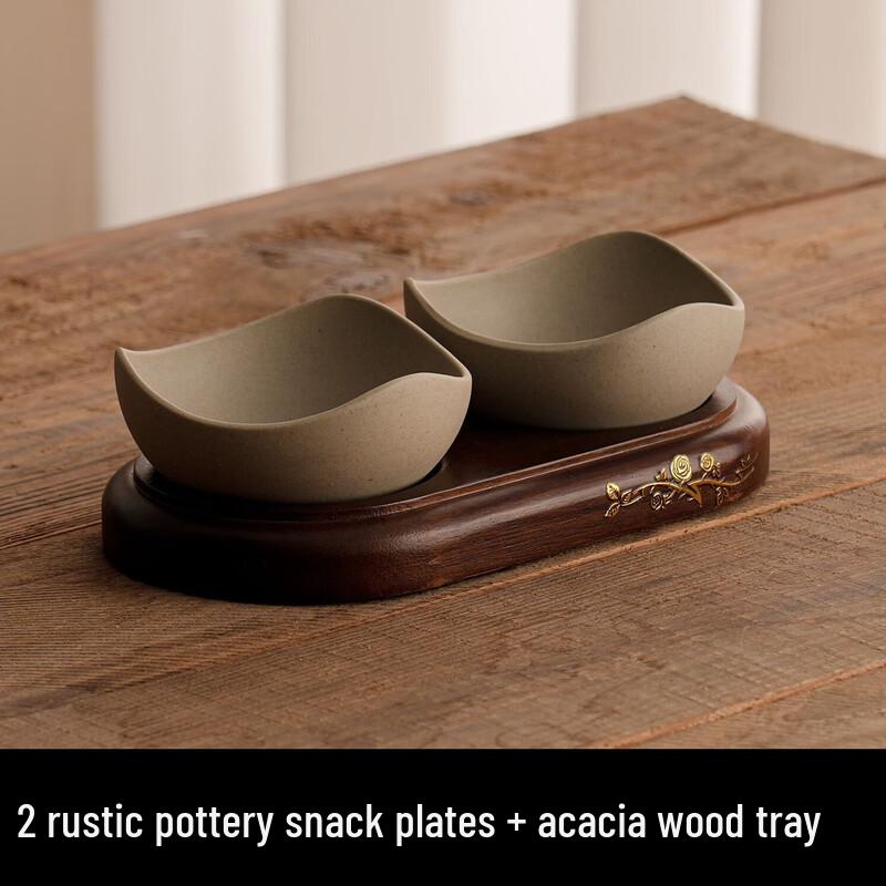 Acacia Wood & Ceramic Two-Compartment Snack Tray