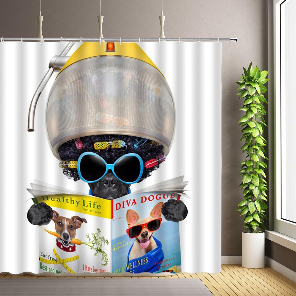 Funny Dog and Cats Shower Curtains Kids Cartoon Animals Cute Pets Hilarious Design Bathroom Decor Fabric Bath Curtain with Hooks