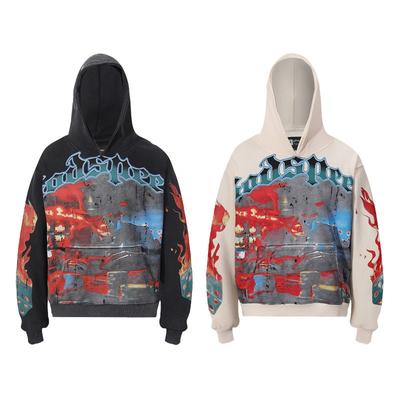 Premium Heavyweight Washed Vintage Hoodie Unisex Oversized Cotton Sweatshirt With Print Pocket