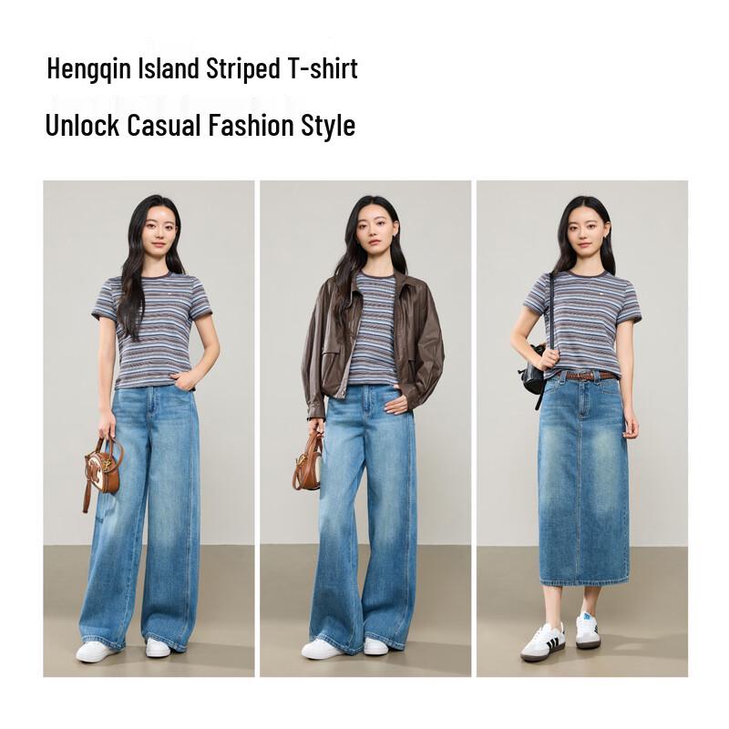 ESE-Y Women's Striped Color-Block Round Neck T-Shirt