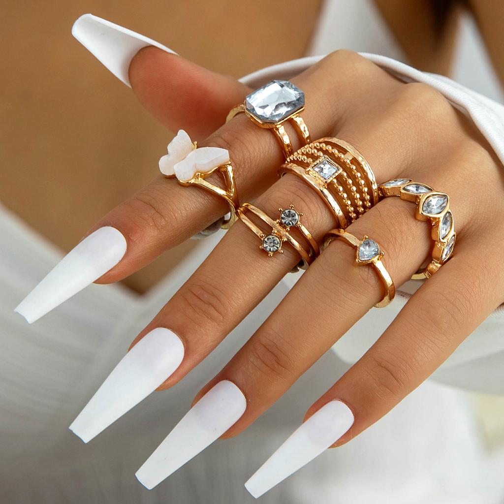 Accessories, Vintage Metal Imitation Emerald Diamond Set Love Snake Multi-piece Ring Set