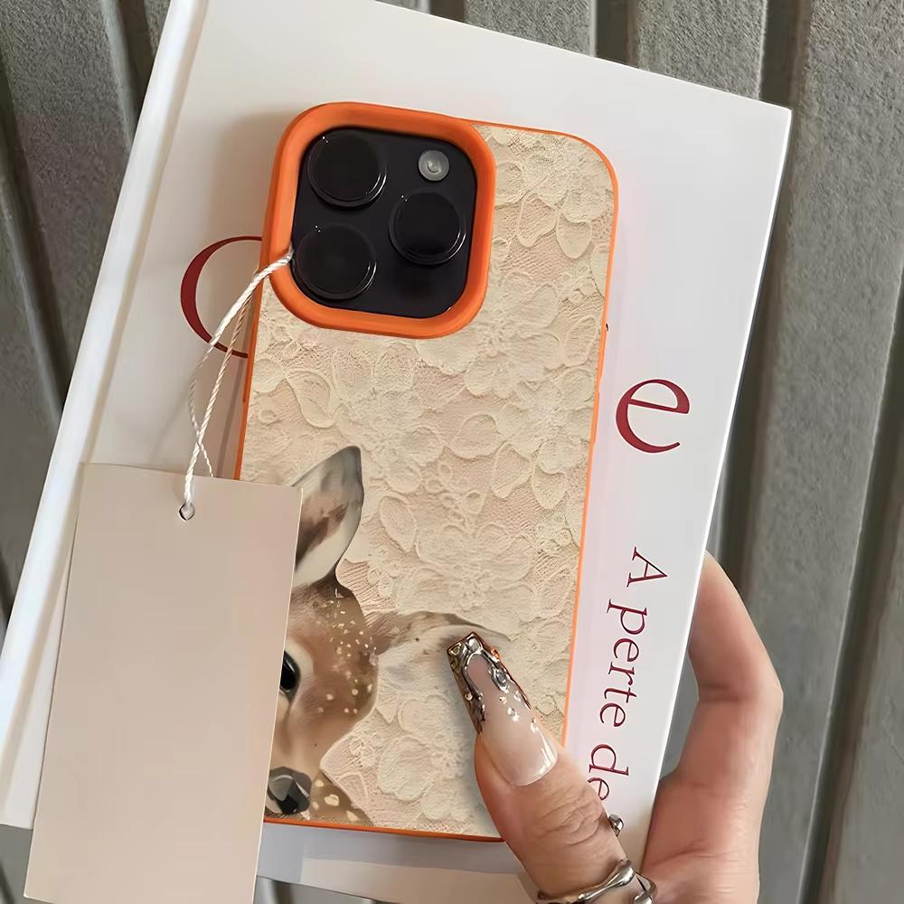 Lace Texture Deer Pattern Phone Case For iPhone 17 Pro Max 16 Plus 15 Pro 14 13 12 11 XR 17Air Lychee Textur Soft Cover