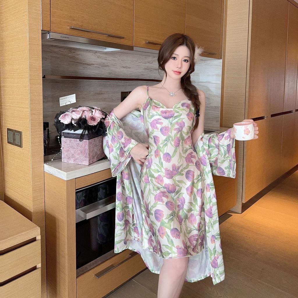 Sexy Pyjama Damen Eis Seide Dünn Schwingender Kragen Reiner Verlangen Stil Druck Träger Nachthemd Nachthemd Zweiteiliges Set Zuhause Neue Kleidung