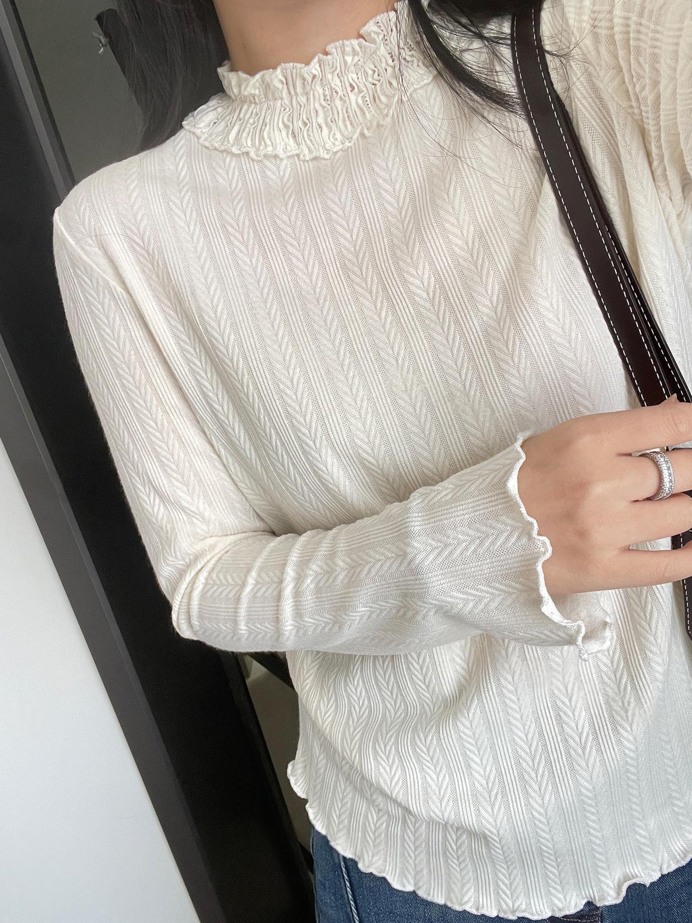 

Lace Trim Wheat Ear Texture Stand Collar Long Sleeve Base Layer Top M белый