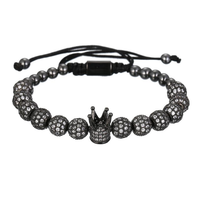 Men's Copper Bead Bracelet with Zirconia Crown and Adjustable Woven Design