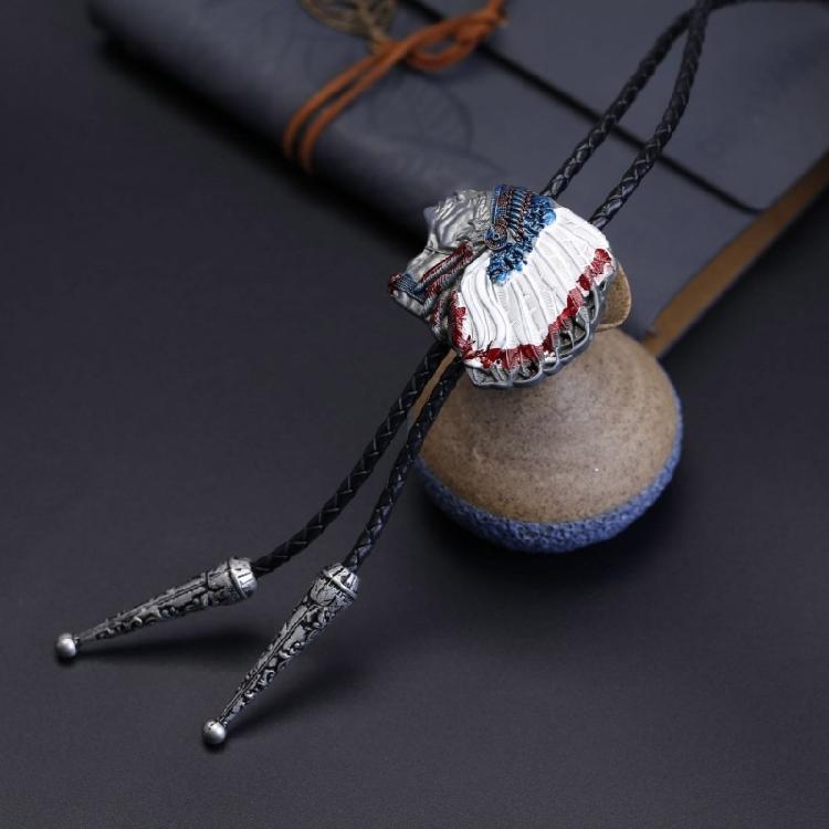 Mens Bolo Tie Indian Head Feathered Western Cowboy Necklace Jewelry Shirt Chain