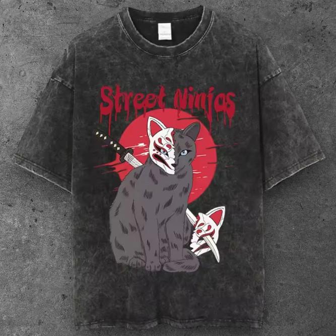 Unisex Samurai Cat Graphic T Shirt Washed Black Y2K Streetwear S-3XL S разноцветный
