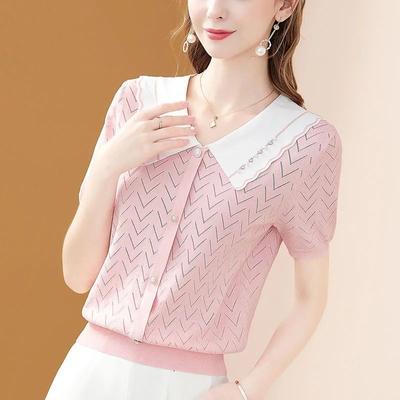 Ice Silk Knitted Top Women's Summer New Doll Collar Nail Bead Hollow Out Thin Bottoming Shirt S-3XL