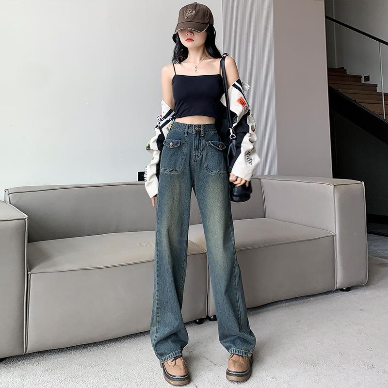 Narrow Version of High-waisted Jeans for Women In Spring and Autumn New Pear-shaped Body Look Taller and Slim, Loose Straight Wide-leg Floor Pants