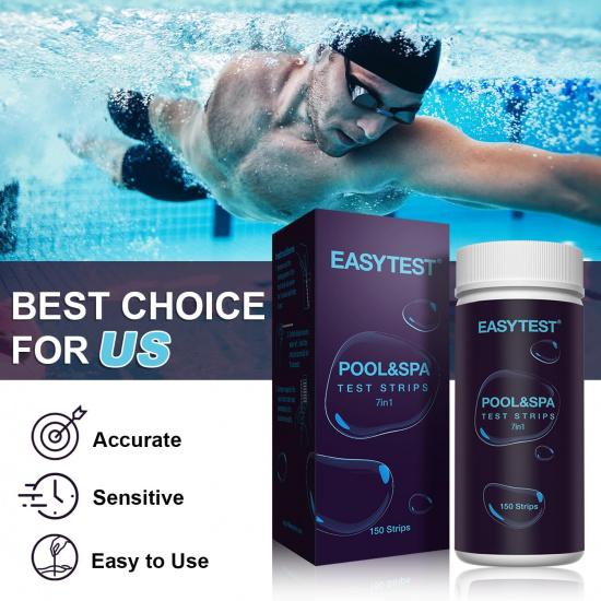 EASYTEST 7-Way Pool Test Strips, 150 Strips Water Chemical Testing for Hot tub and Spa, Accurate Test Bromine, Total Alkalinity, pH, Free Chlorine,