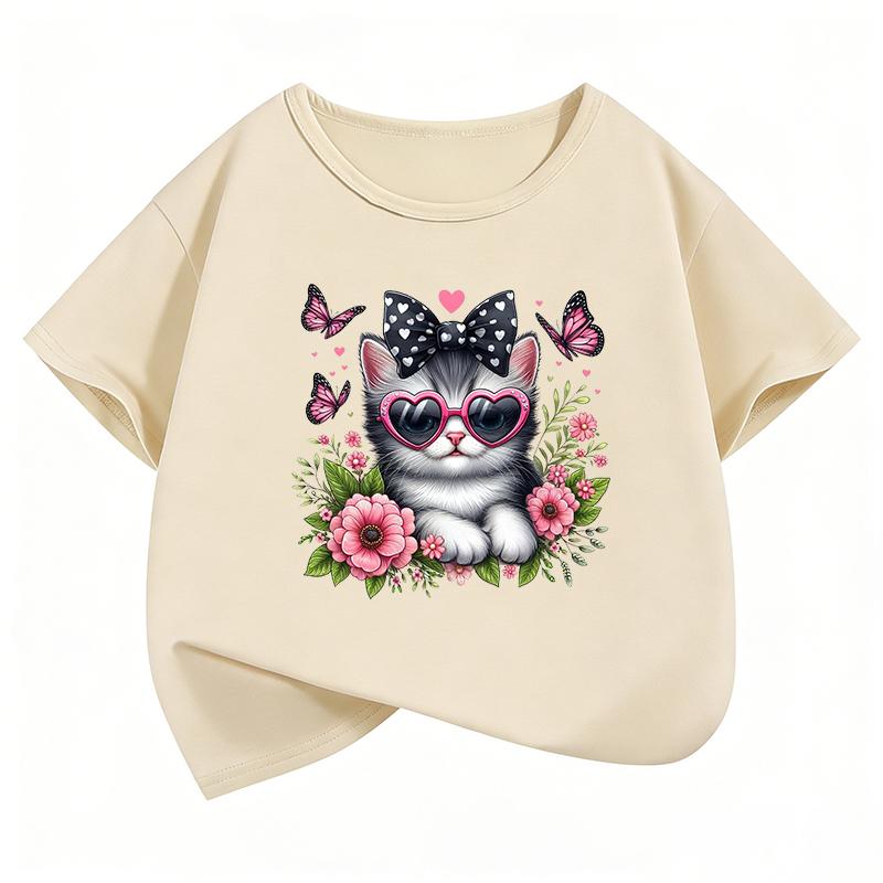 Kawaii Cat Floral Butterfly Design TShirt Girls Summer Clothes Short Sleeve Cat TShirts Cute Kids Clothing T Shirt