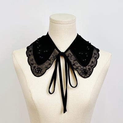 Col Faux Noir Détachable Dentelle Broderie Châle en Maille Transparente Ruban Nœud Papillon Décoration Col Foulard Fleuri Capelette