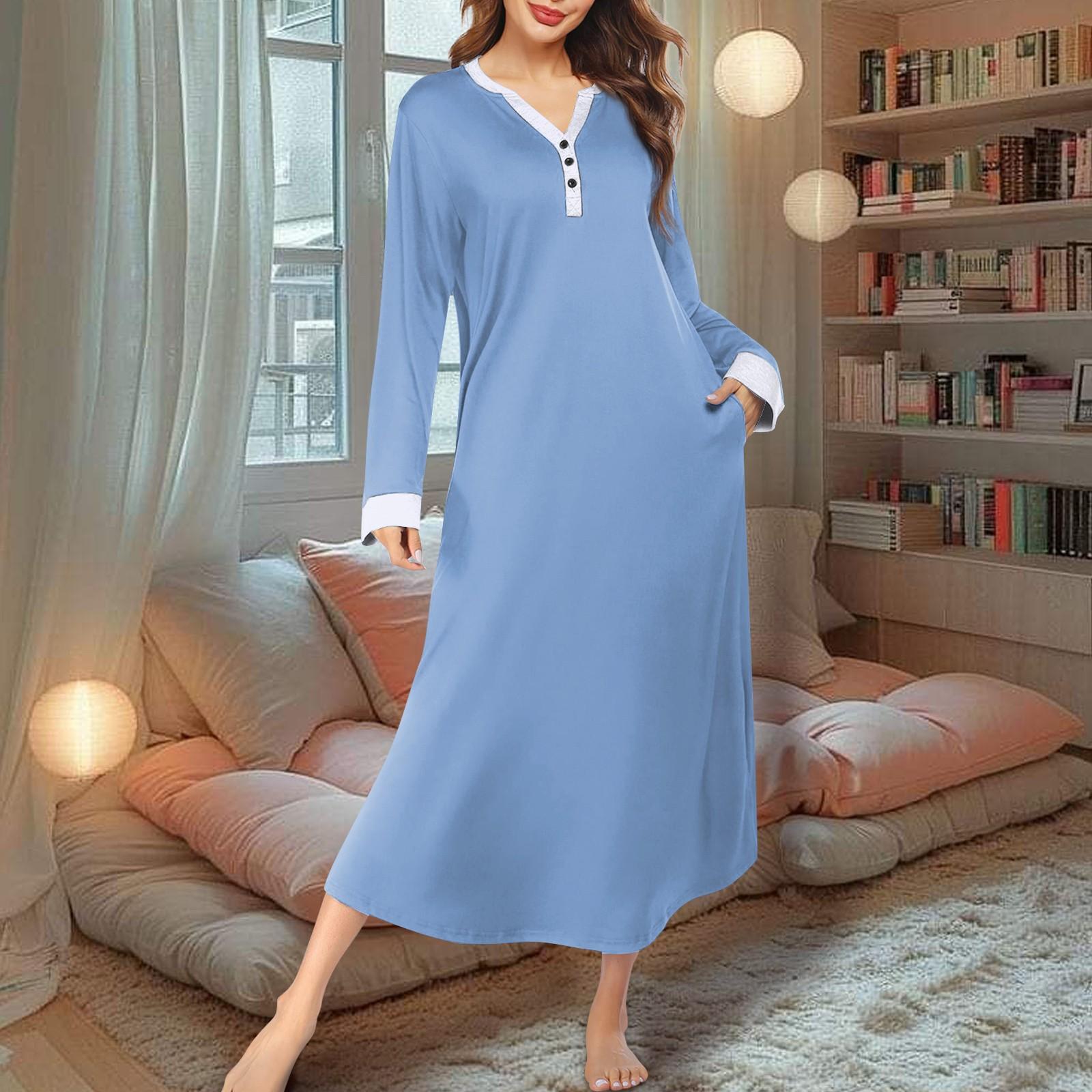 

Женская ночная рубашка, длинный халат, пижамное платье с V-образным вырезом и карманами XXXL светло-синий