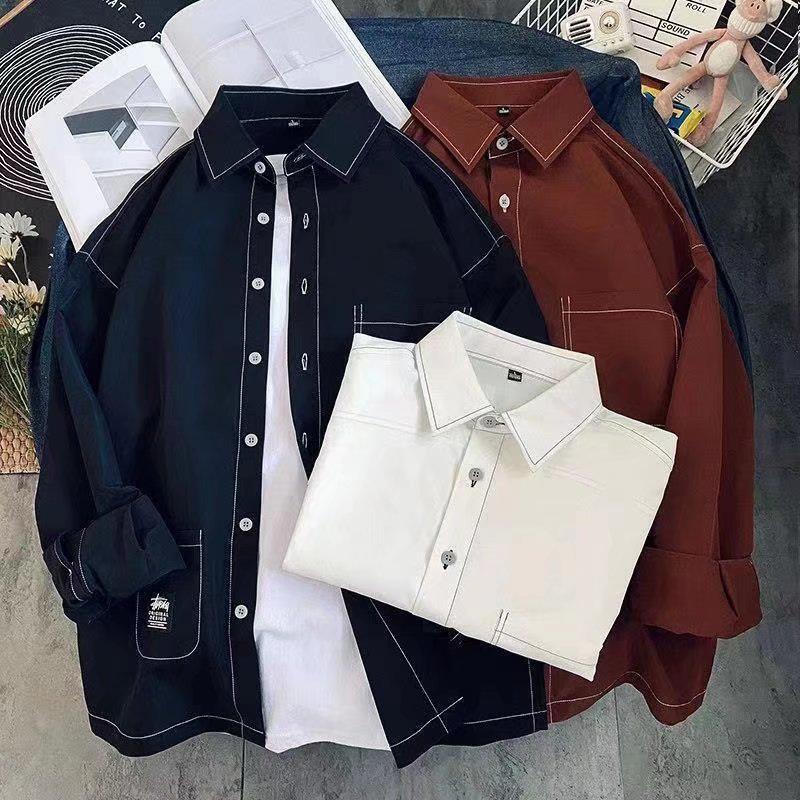 Men's Hong Kong Style Long-Sleeve Shirt: Trendy Loose-Fit Stitching Jacket for Early Autumn, Unisex Couples Design