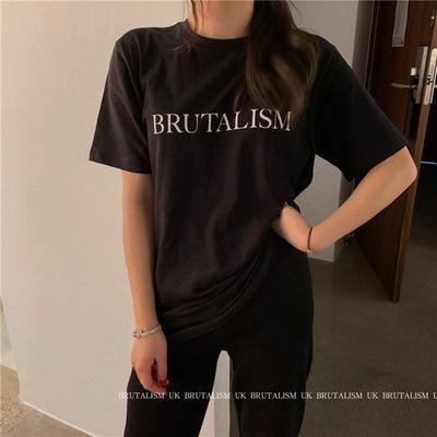 Short-sleeved T-shirt top women's Korean version loose new spring medium and long letter-printed bottoming shirt trendy ins