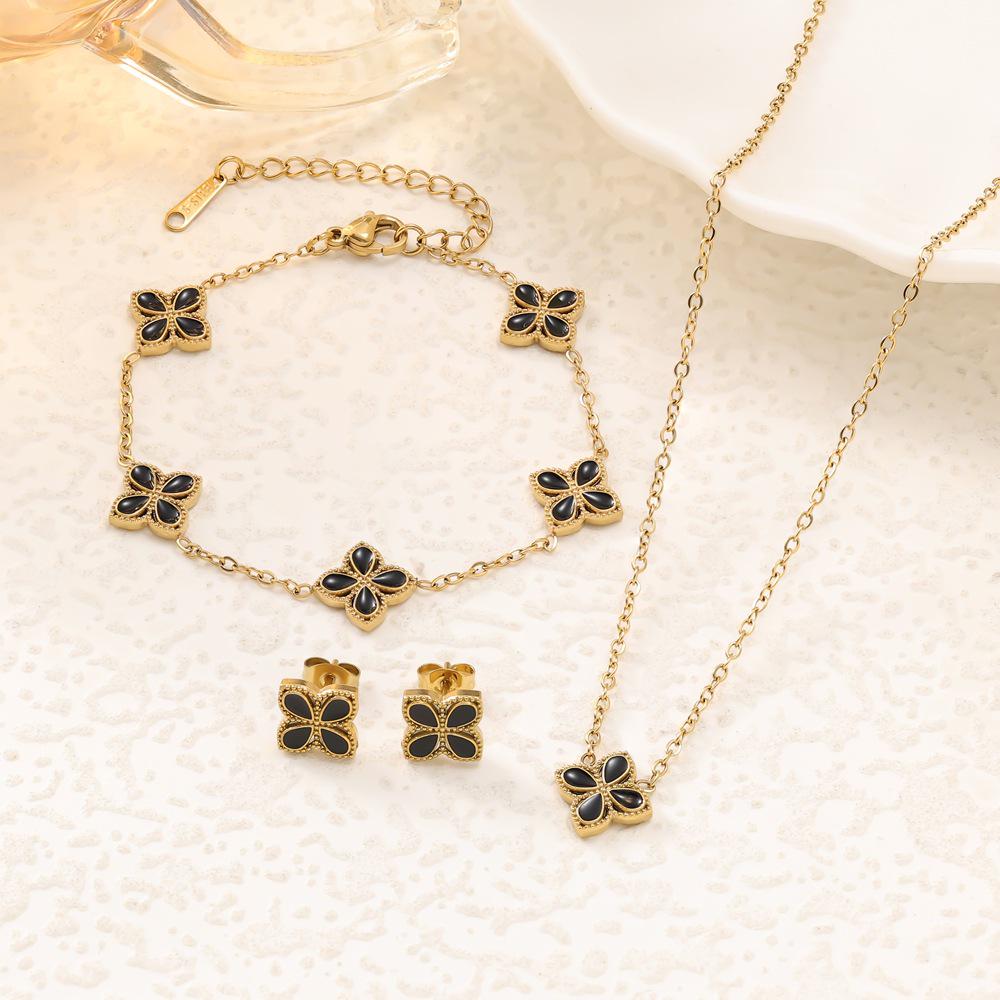 Colorful Four-Leaf Clover Titanium Steel Jewelry Set: Bracelet, Necklace & Stud Earrings