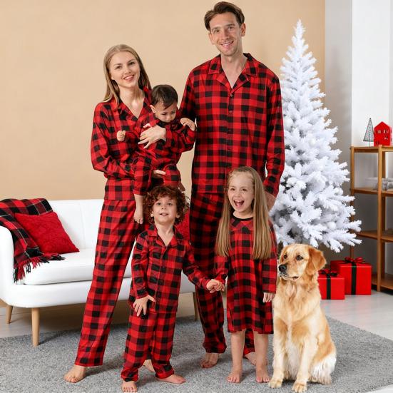 2ks/Sada Rodinný Vánoční Pyžamový Set Klopa Potisk Top Kárované Kalhoty Dospělí Děti Ladící Noční Prádlo Šetrné k Pokožce Prodyšné Domácí Oblečení