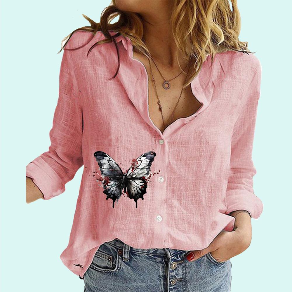 Camisa feminina casual com estampa de borboleta e botões, moda feminina, primavera e outono, manga comprida, blusa de linho feminina, blusa de manga comprida